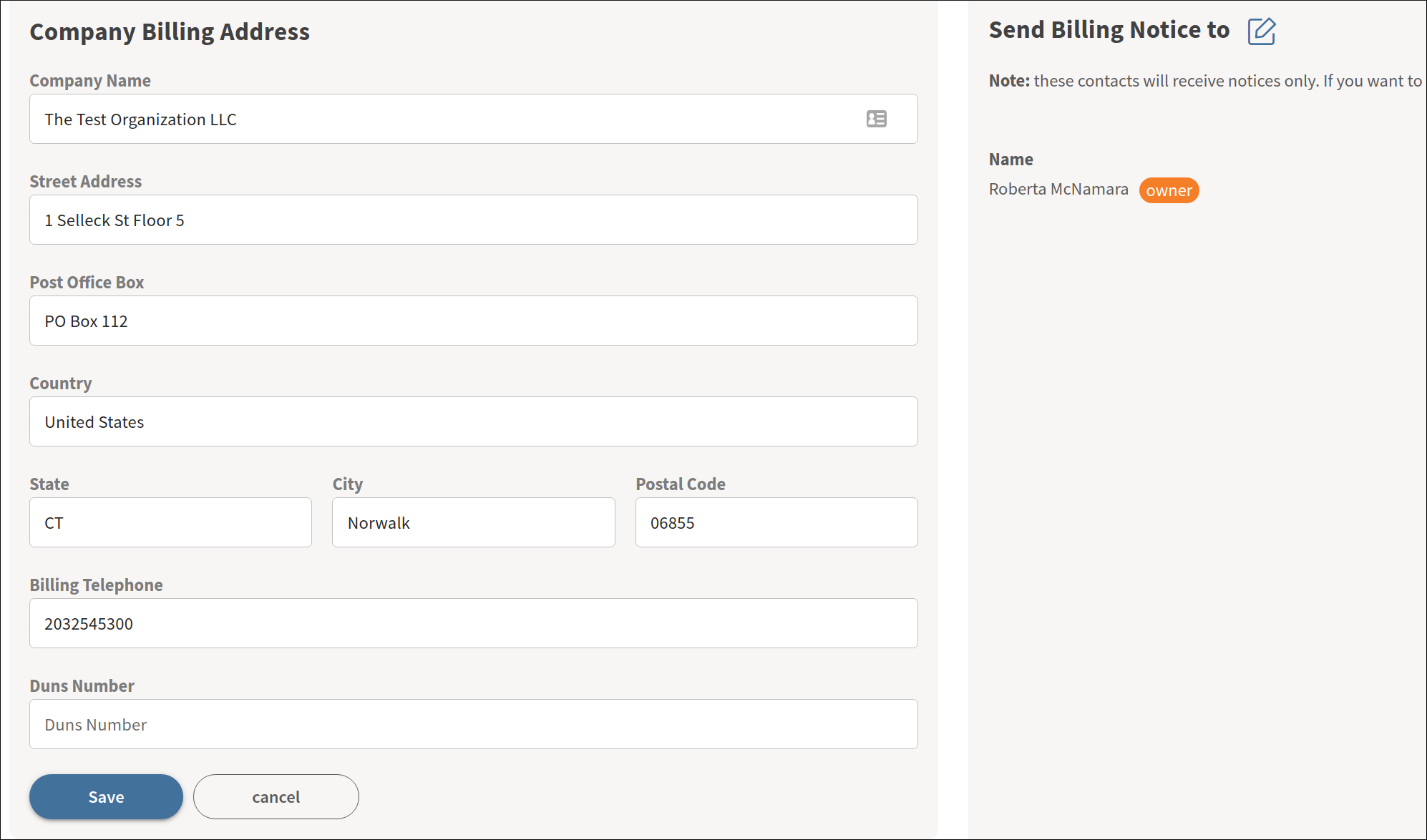Image of top section of the billing setup form showing fields for company information