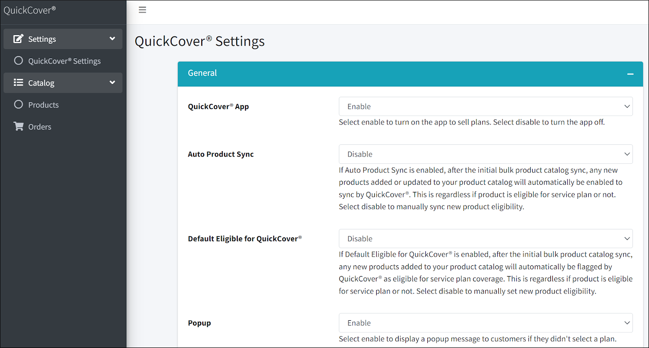 Screenshot of QuickCover settings in BigCommerce, showing options to enable the extension and to enable automatic syncing'