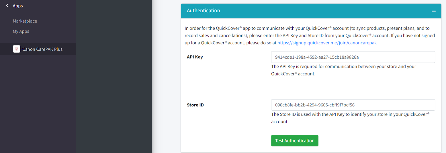 Authentication section on the app configuration