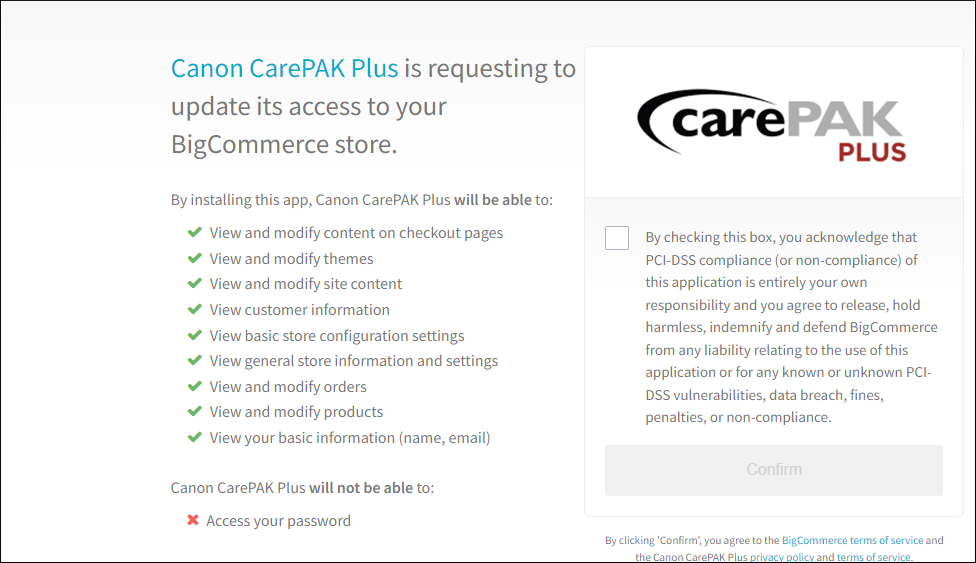 Screen capture of the Canon CarePAK Plus PCI-DSS compliance