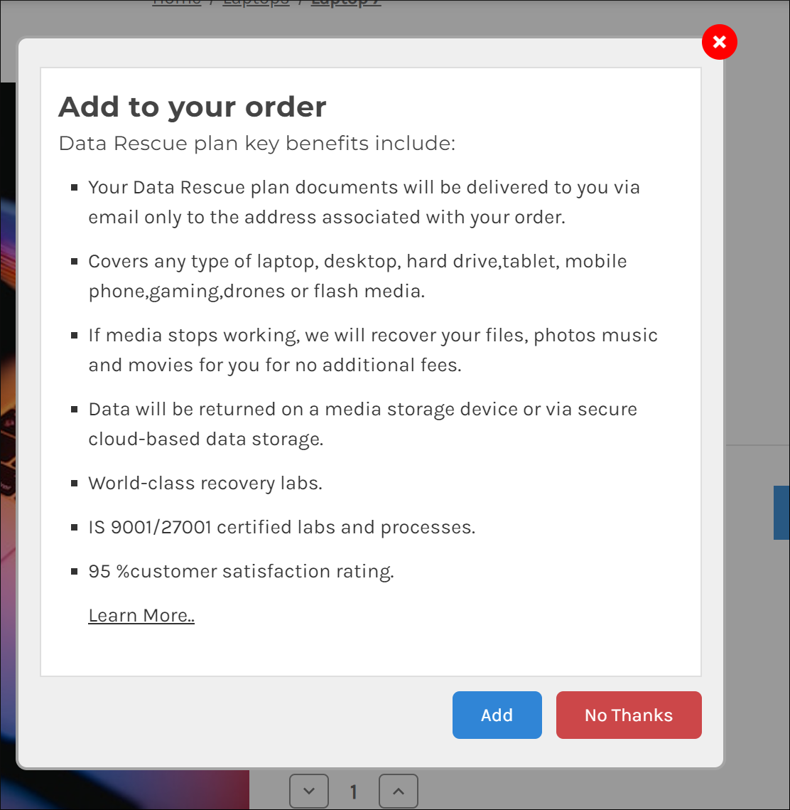 Screen capture of a shopping cart with pop-up enabled