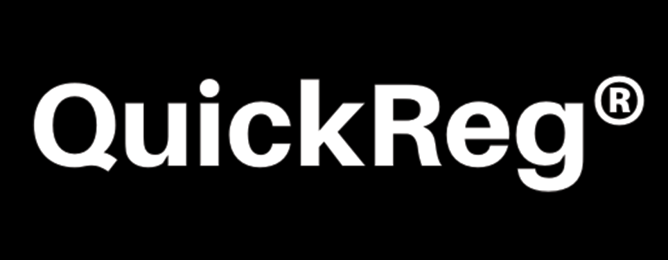 The white version of the QuickReg logo, which is white on a black background.
