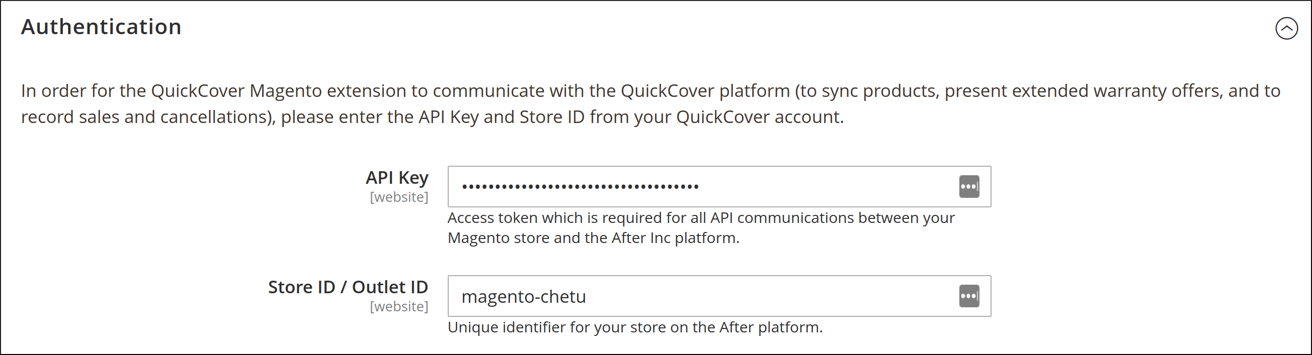 Screenshot of QuickCover configuration in Magento, showing options to enter authentication credentials'