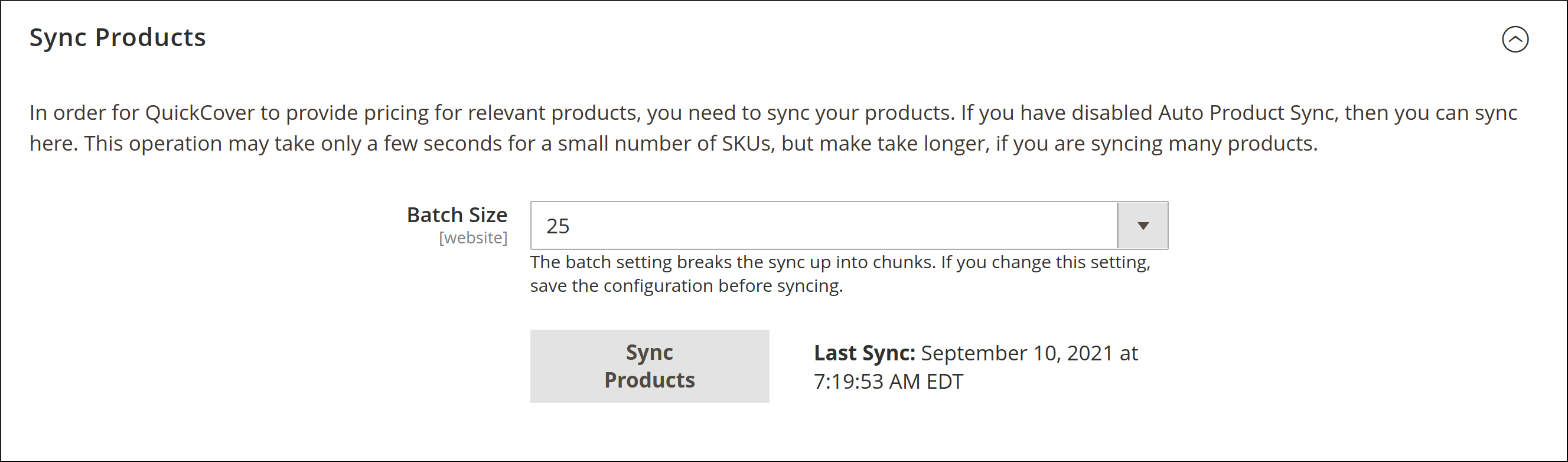 Image of the configuration screen that shows the sync control. It has a setting for how many records to sync at a time and a button that initiates the sync