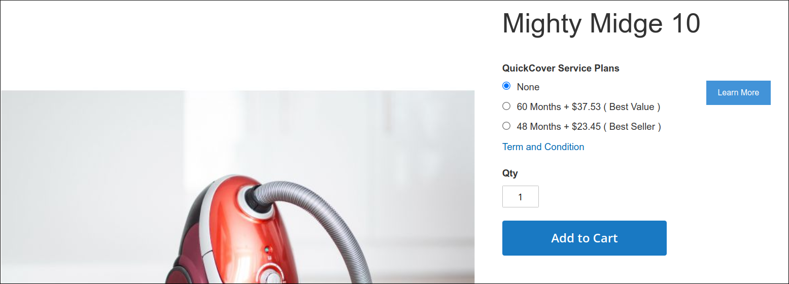 Screenshot of a sample product listing on a Magento store, showing QuickCover plan prices'