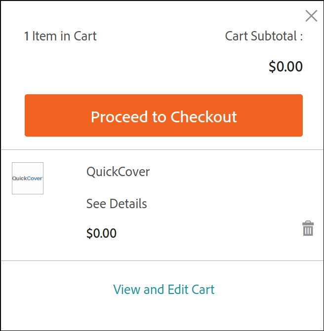 Screenshot of the Magento shopping cart showing QuickCover in the cart.