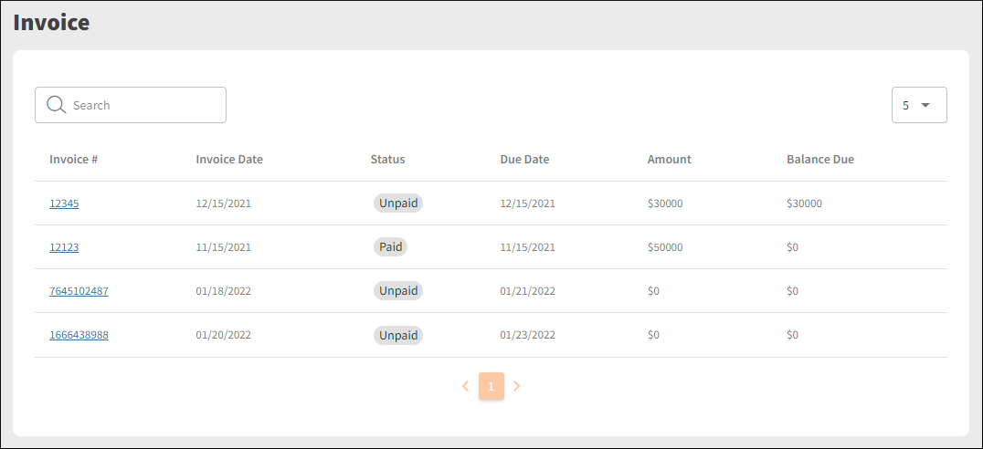 Screen capture of the Invoicing page