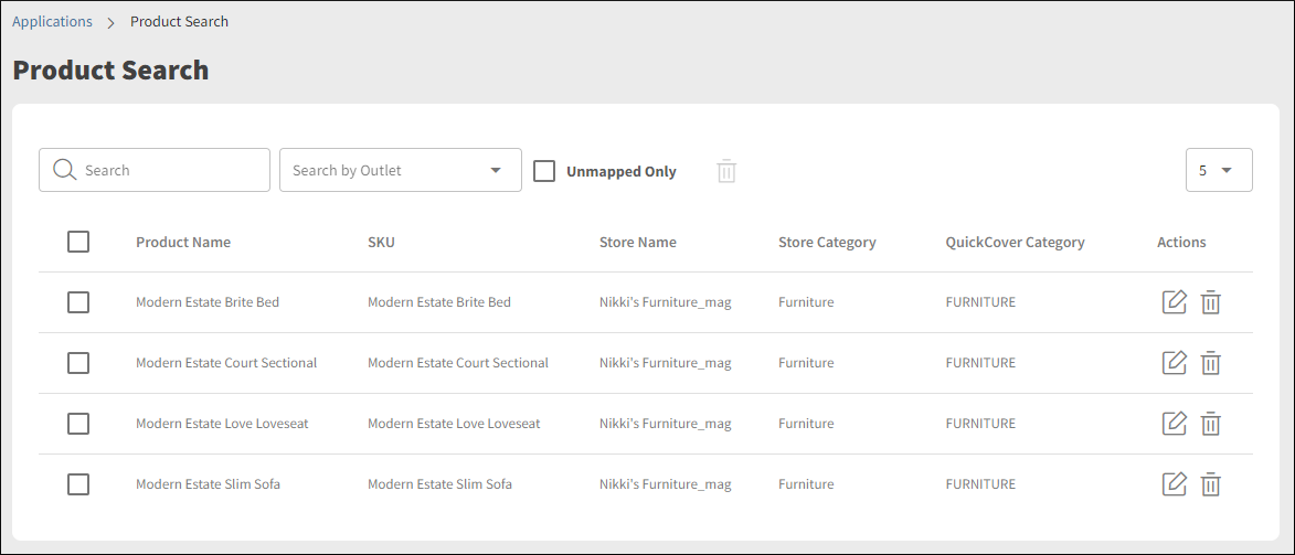 Product Search application screen