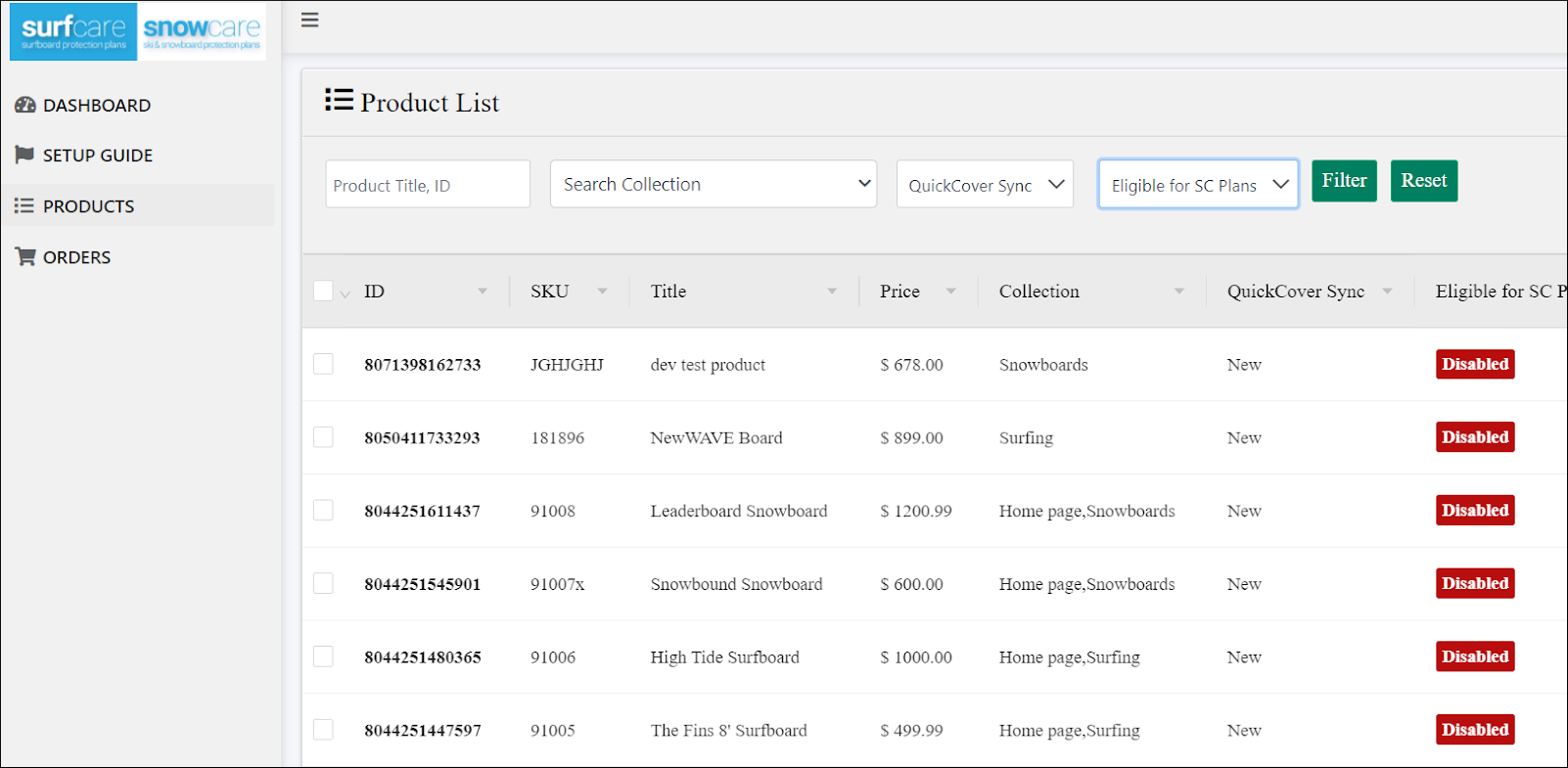 Screen capture of the Product List page