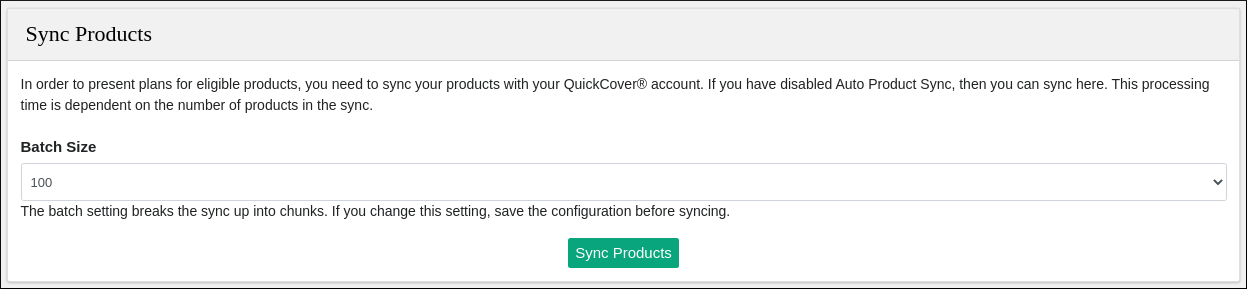 Screen capture of the Sync Products section on the settings page