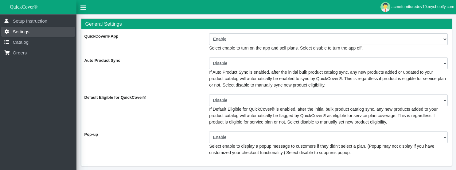 Screenshot of QuickCover general settings in Shopify