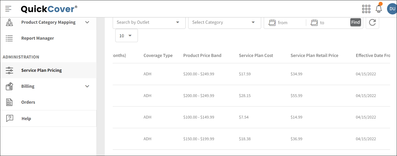 The Service Plan Pricing screen in QuickCover