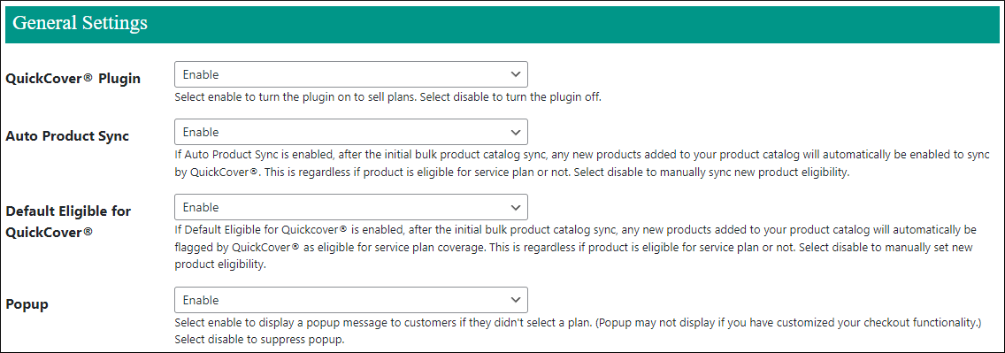 Screenshot of QuickCover configuration in WooCommerce, showing the 'General Settings' section