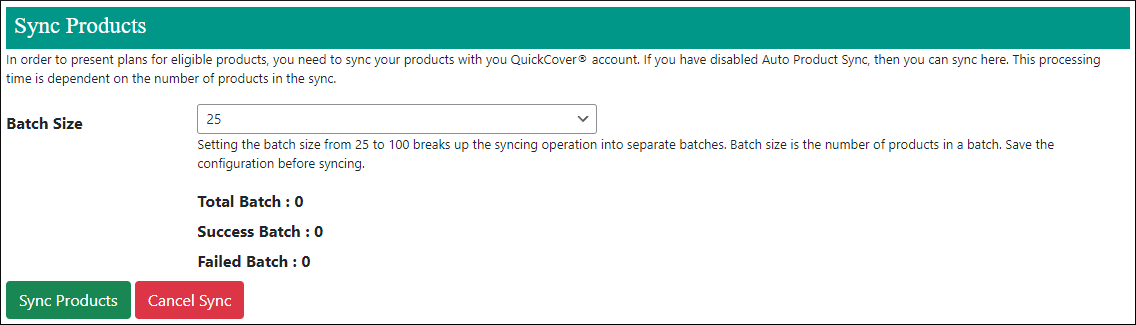 Screen capture of the 'Sync Products' section of the configuration