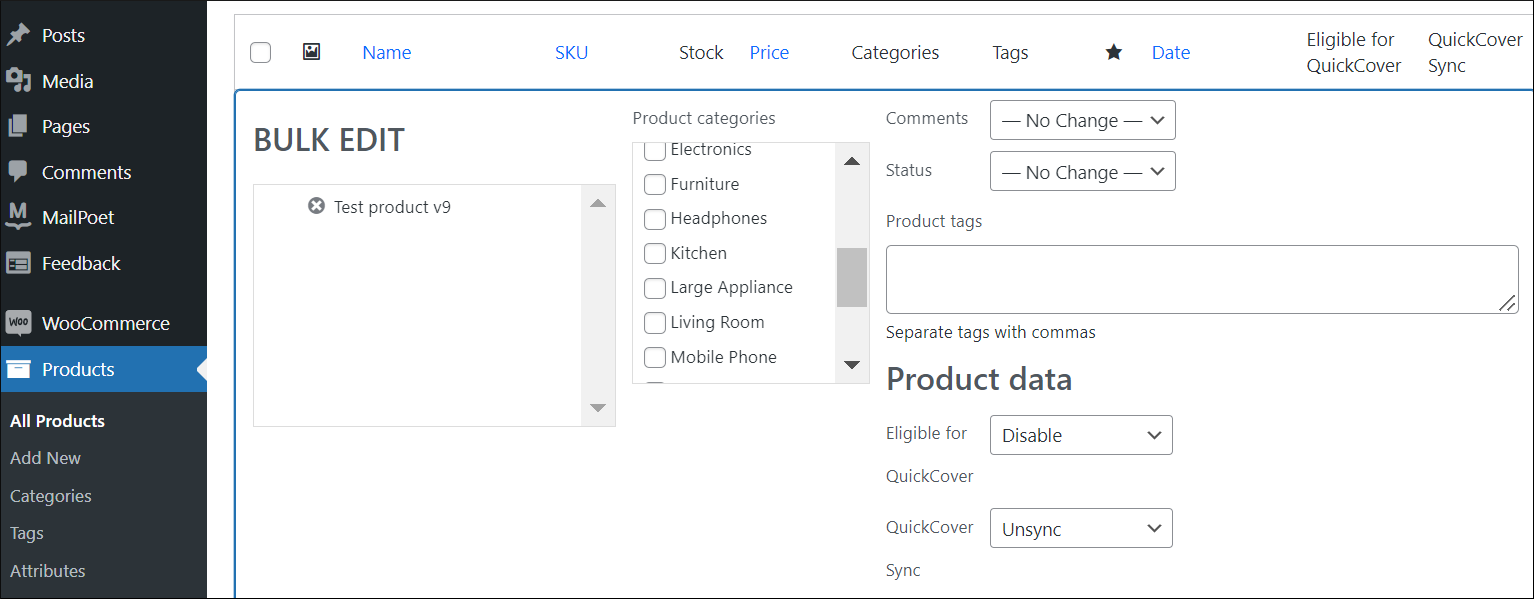 Screen capture of the WooCommerce Products page with the Bulk edit form